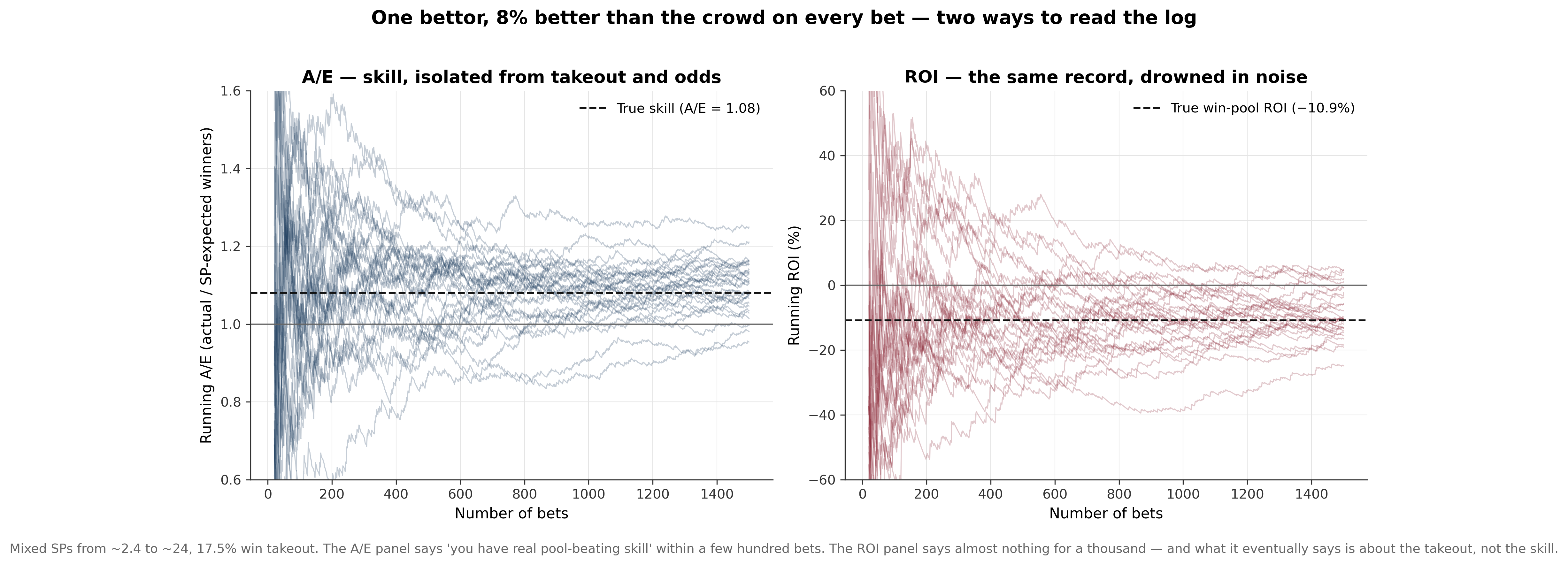 A chart showing a bettor whose skill metric sits above 1.0 — genuinely better than the market — while their win-pool return on investment stays negative once takeout is removed.