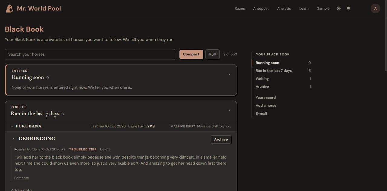 The Black Book page, with a note open